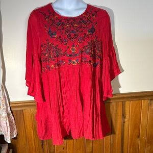 Red Embroidered Boho Blouse-Dress Size 8.
